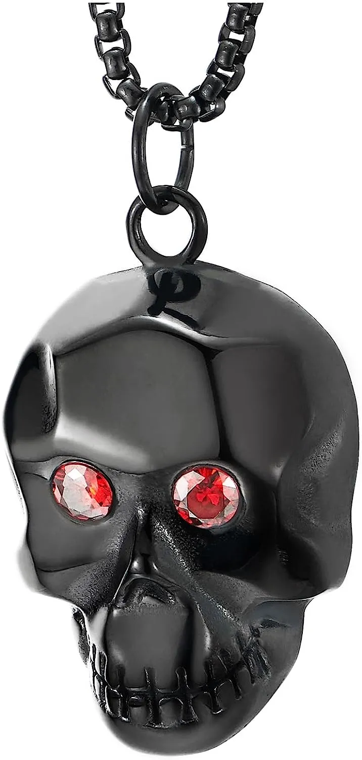 COOLSTEELANDBEYOND Black Skull Pendant Necklace with Red Cubic Zirconia, for Men Women, Stainless Steel, 30 inch Chain