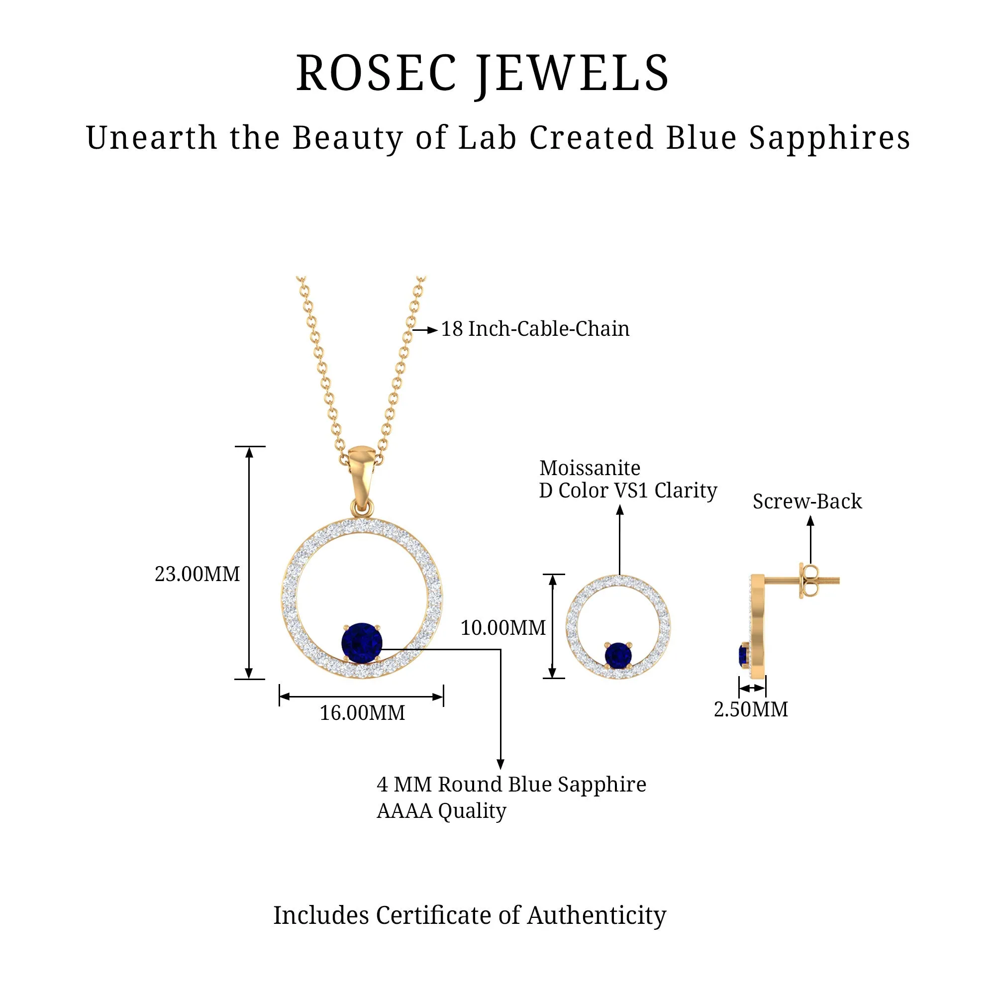 Created Blue Sapphire Eternity Pendant And Earrings Set With Moissanite