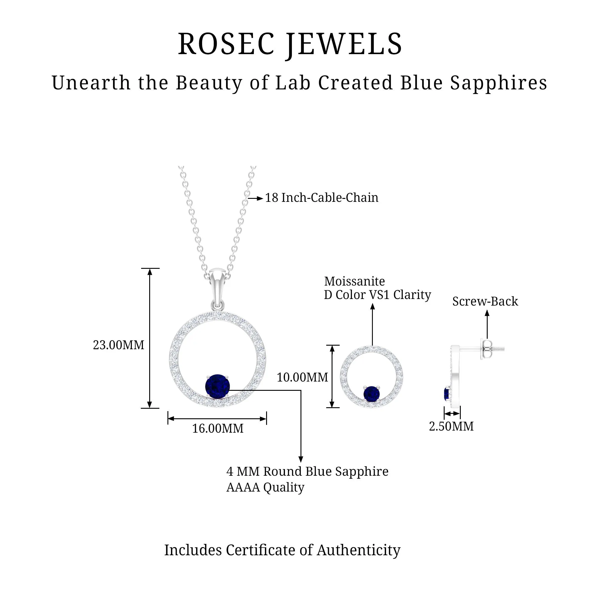 Created Blue Sapphire Eternity Pendant And Earrings Set With Moissanite