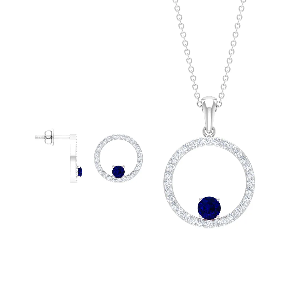 Created Blue Sapphire Eternity Pendant And Earrings Set With Moissanite