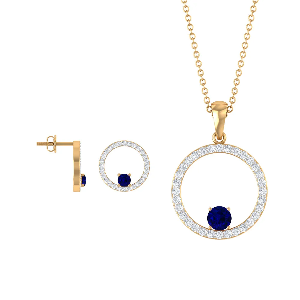 Created Blue Sapphire Eternity Pendant And Earrings Set With Moissanite