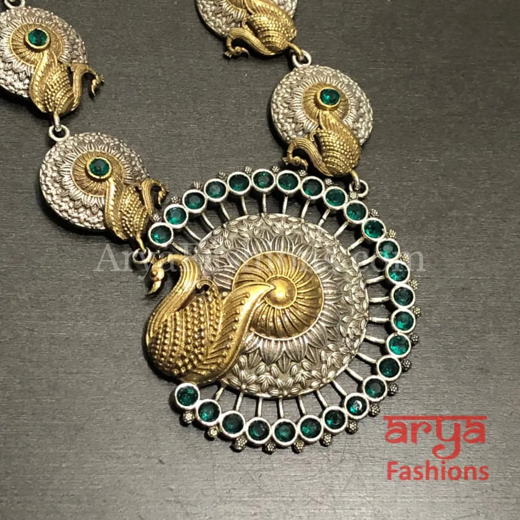 Dual tone Peacock theme Oxidized Rajwadi Necklace with Green, White and Blue stones option