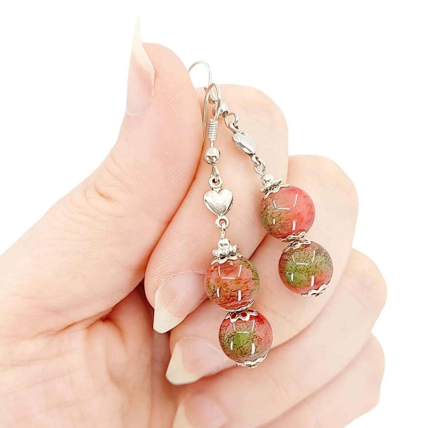 Earrings - Double Ceramic Bead Drops (Red and Green) by Tiny Aloha