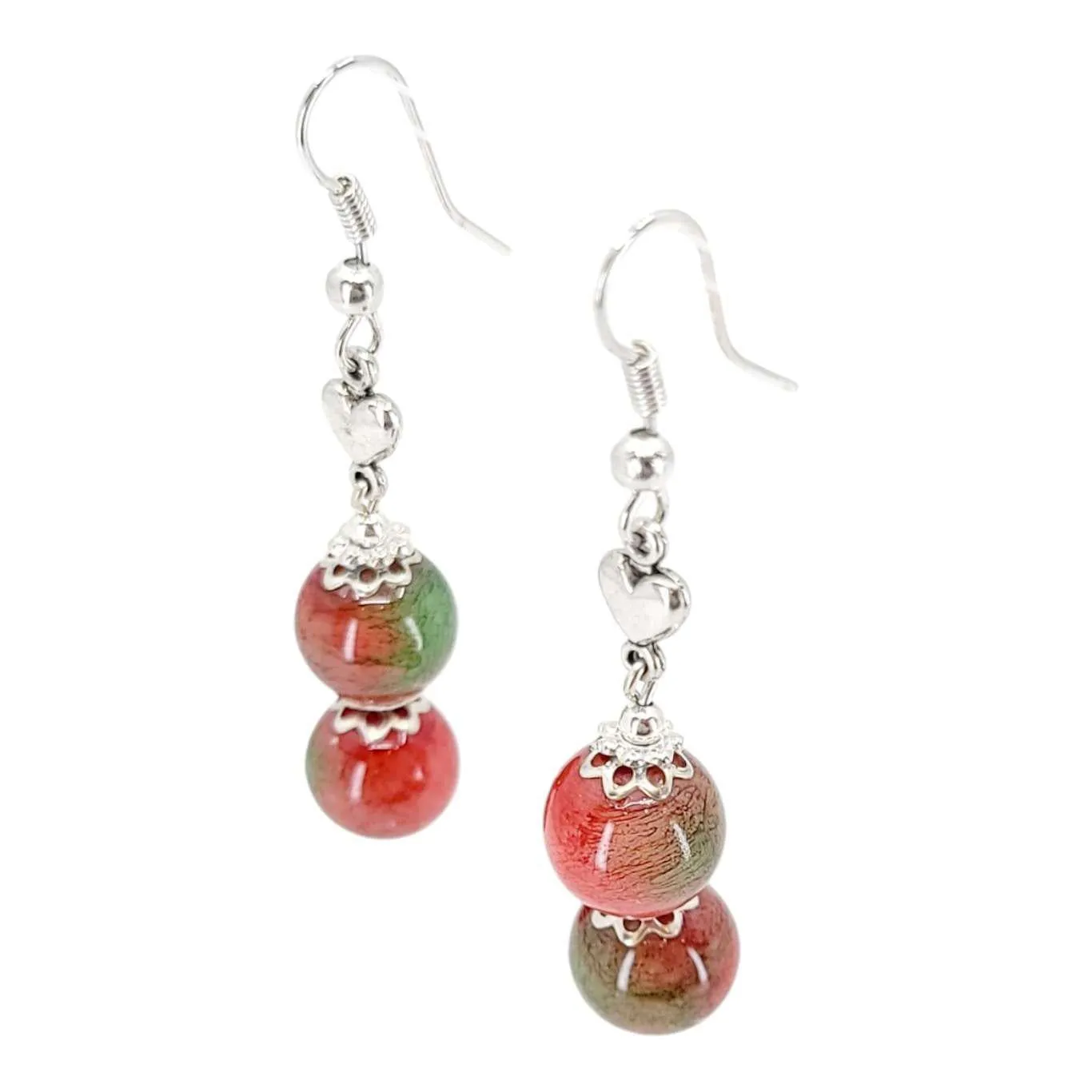 Earrings - Double Ceramic Bead Drops (Red and Green) by Tiny Aloha