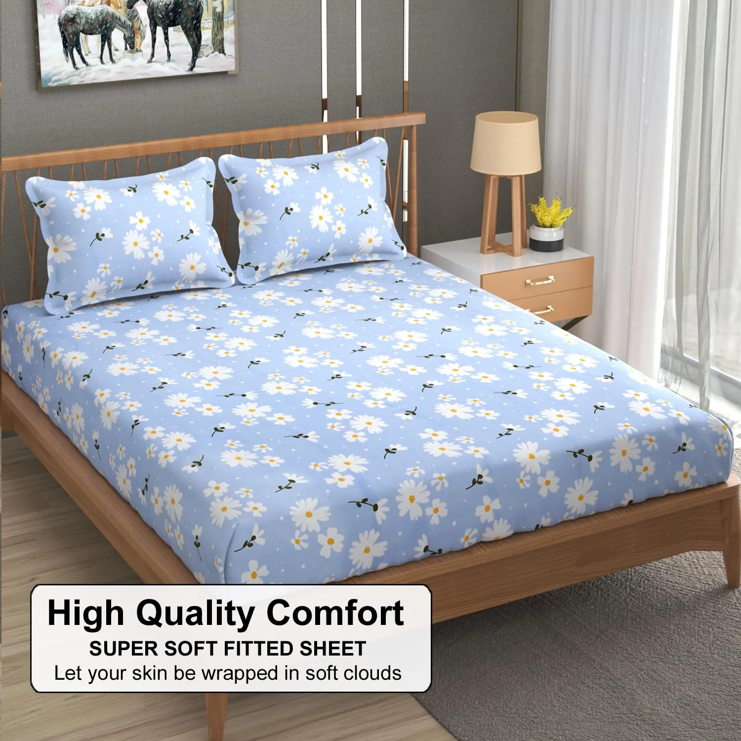 FRESH FROM LOOM Soft Microfiber Floral Print King Size Fitted Bedsheet - 240 TC, Hypoallergenic, 2 Pillow Covers (Size - 78 x 72 Inches (Fits up to 10 Inch) | Casper-Blue)