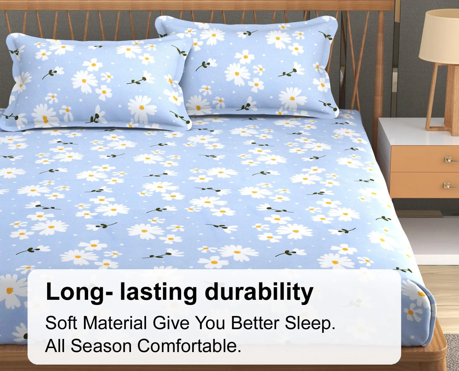 FRESH FROM LOOM Soft Microfiber Floral Print King Size Fitted Bedsheet - 240 TC, Hypoallergenic, 2 Pillow Covers (Size - 78 x 72 Inches (Fits up to 10 Inch) | Casper-Blue)