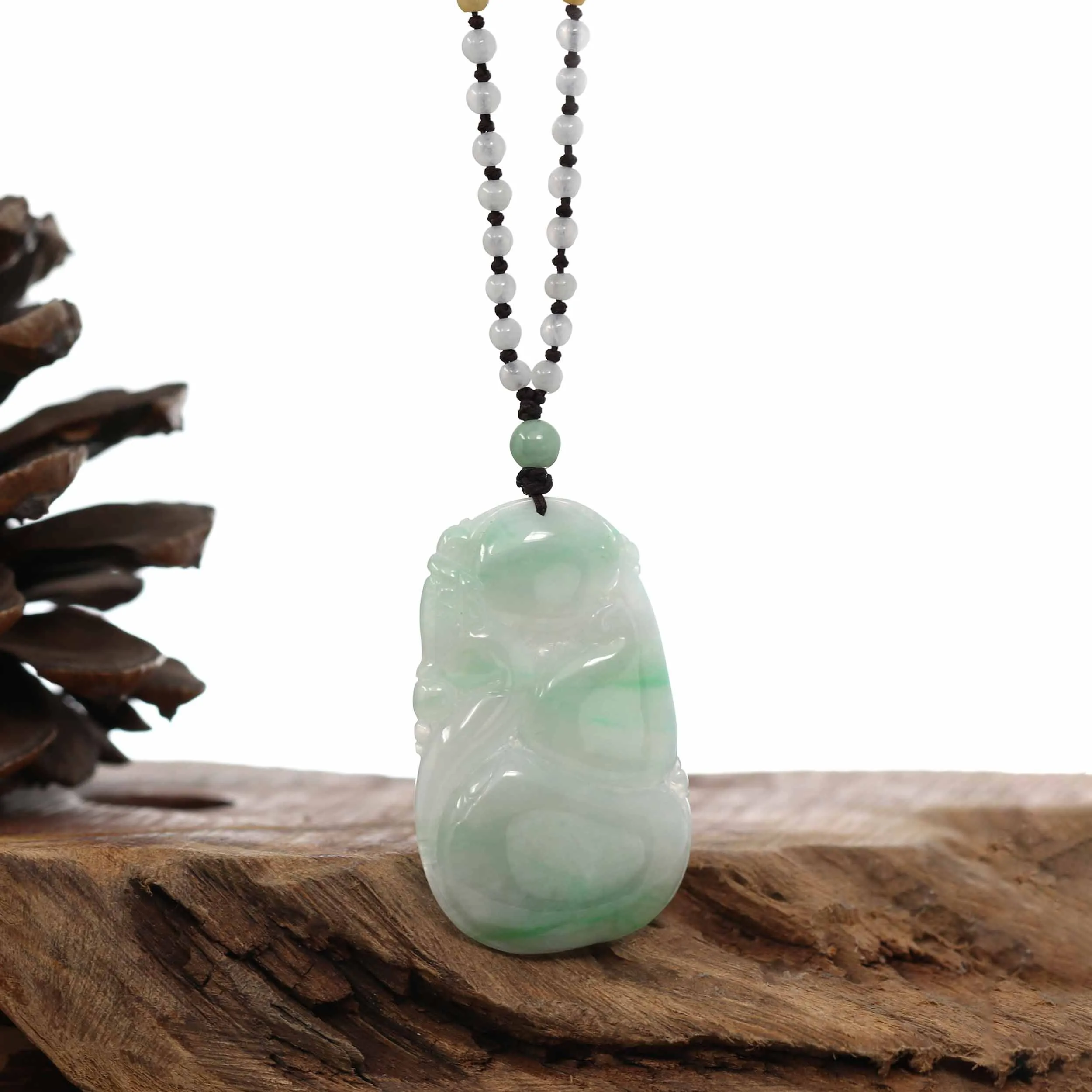 Genuine Green Jadeite Jade "Good Luck HuLu with Dragon" Pendant Necklace With Real Jadeite Bead Necklace