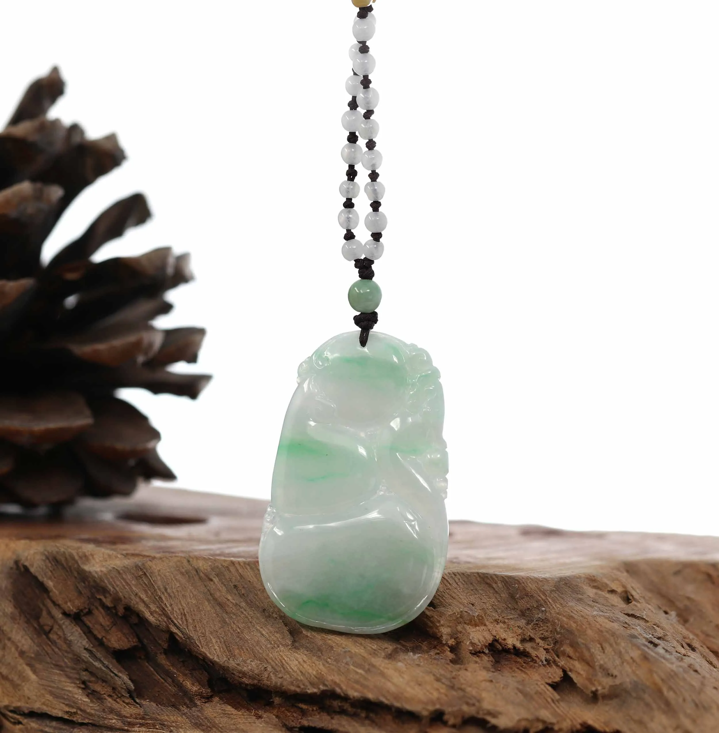 Genuine Green Jadeite Jade "Good Luck HuLu with Dragon" Pendant Necklace With Real Jadeite Bead Necklace