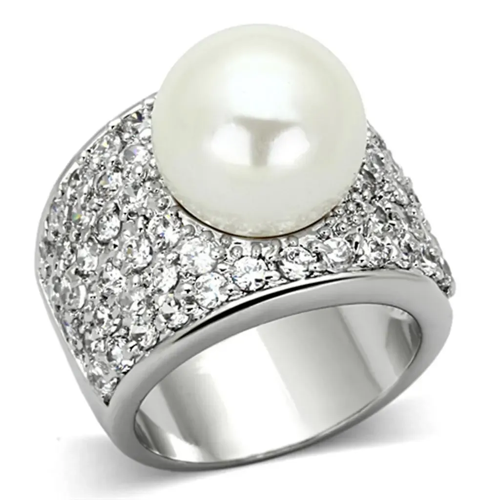 Gleaming Elegance: Rhodium Brass Ring with Lustrous White Synthetic Pearl