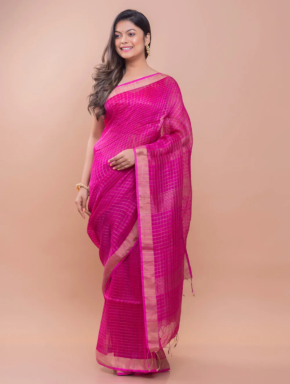 Graceful Elegance. Soft Bengal Handwoven Linen Silk Zari Sari - Magenta & Silver