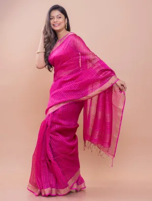 Graceful Elegance. Soft Bengal Handwoven Linen Silk Zari Sari - Magenta & Silver