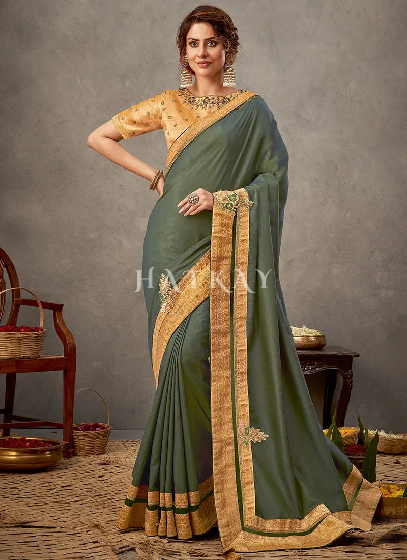 Green And Yellow Zari Embroidery Silk Saree