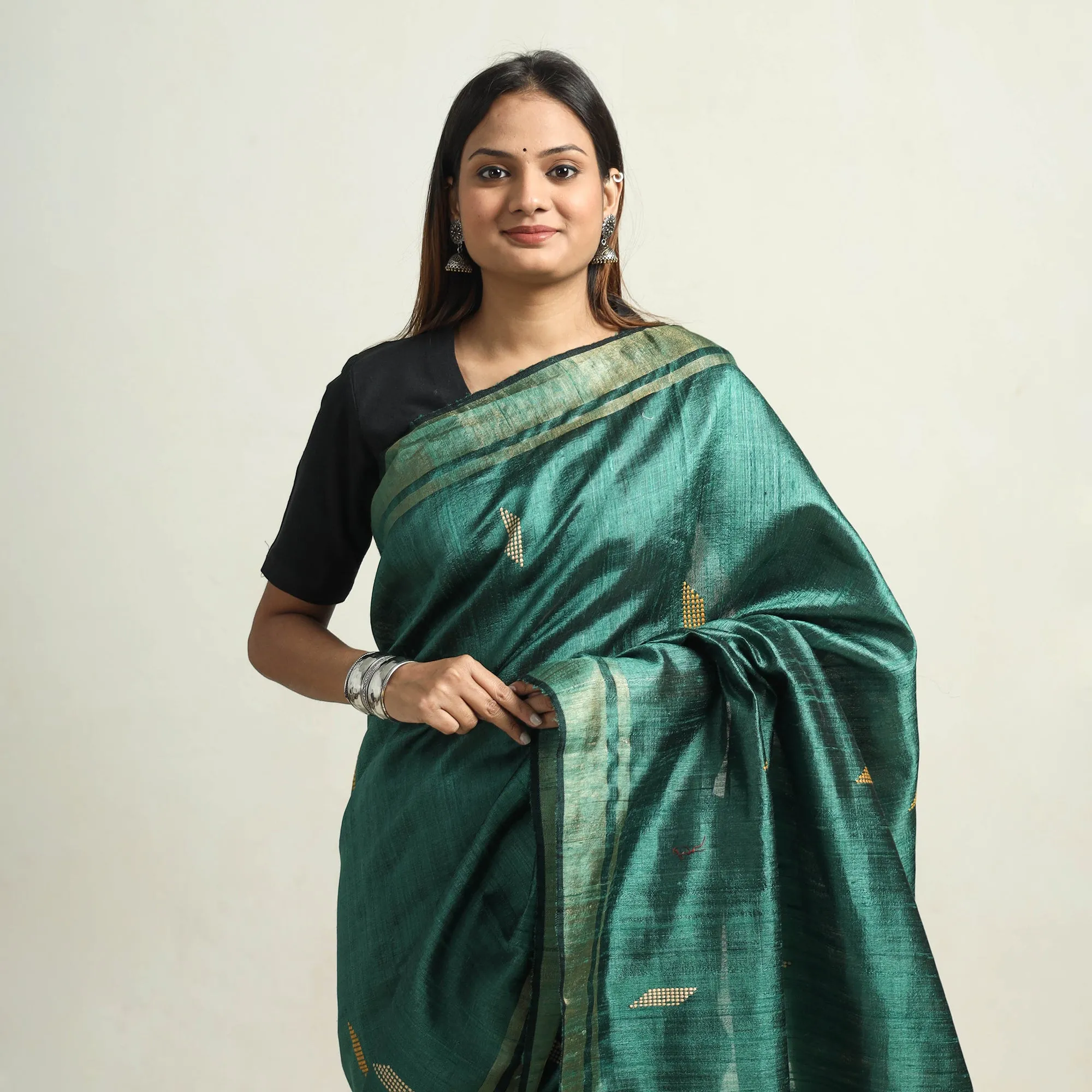 Green - Bhagalpuri Handloom Desi Tussar Silk Zari Border Saree