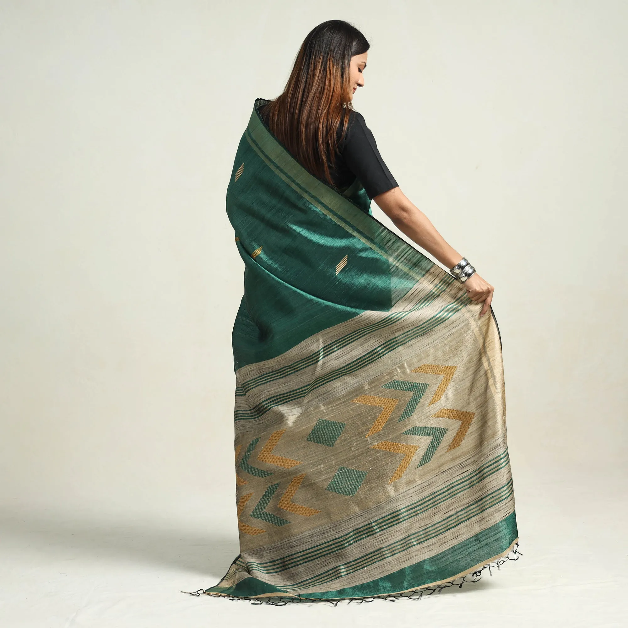 Green - Bhagalpuri Handloom Desi Tussar Silk Zari Border Saree