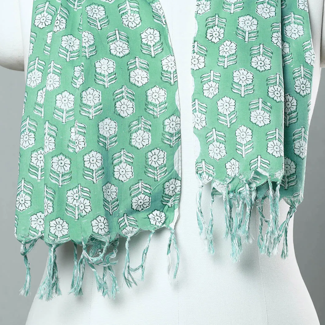 Green - Sanganeri Block Printed Cotton Stole with Tassels 43