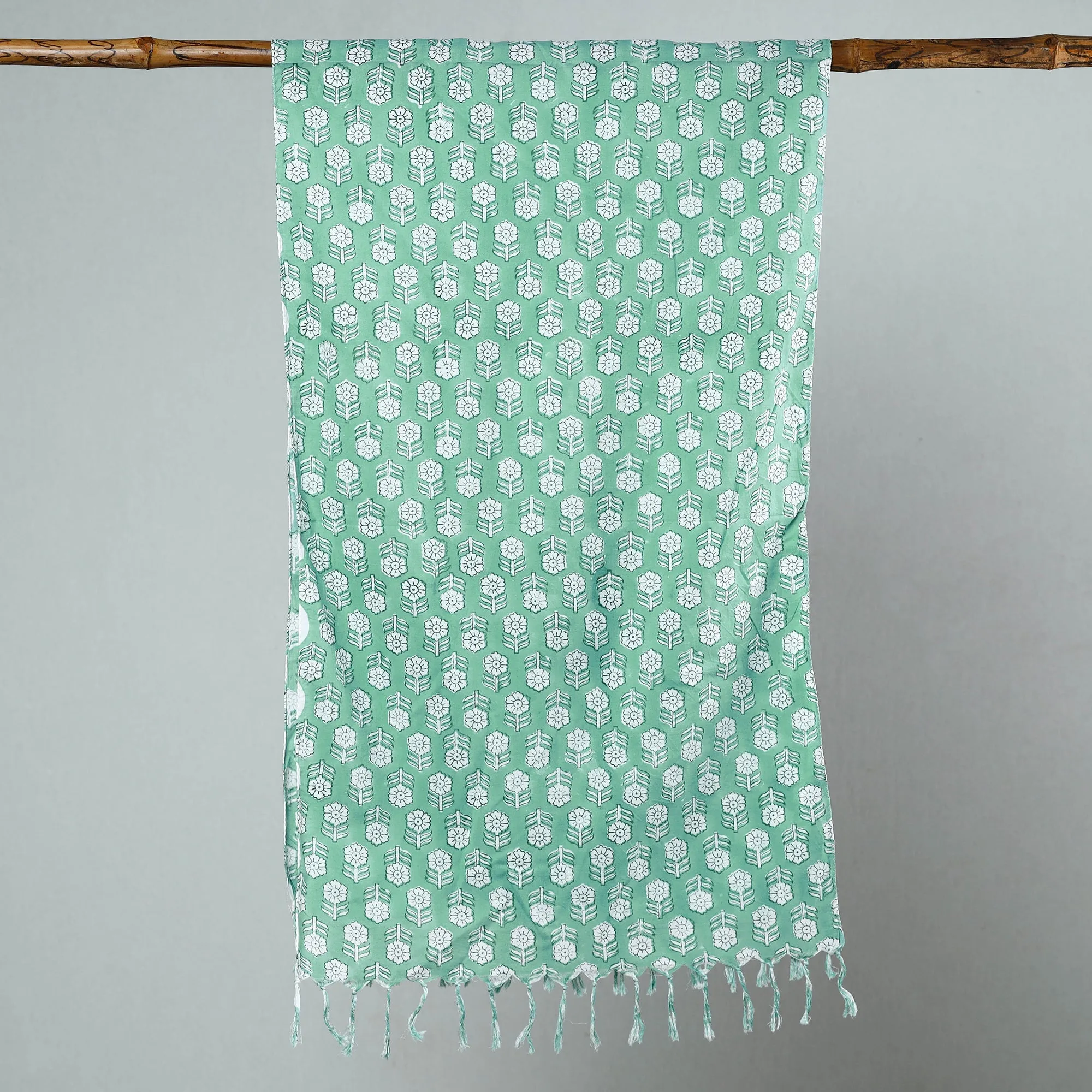 Green - Sanganeri Block Printed Cotton Stole with Tassels 43