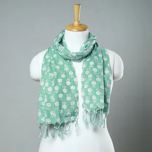 Green - Sanganeri Block Printed Cotton Stole with Tassels 43