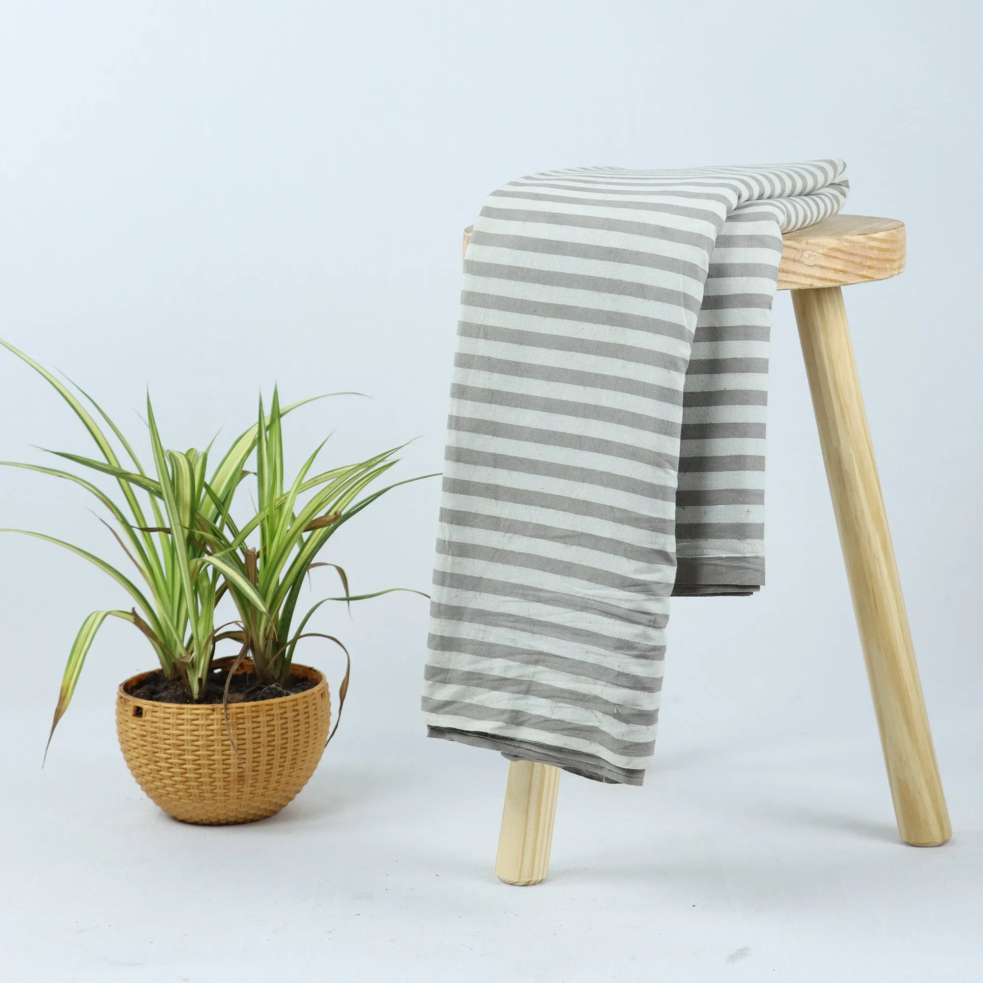 Grey Stripes Hand Block Printed Soft Cotton Fabric