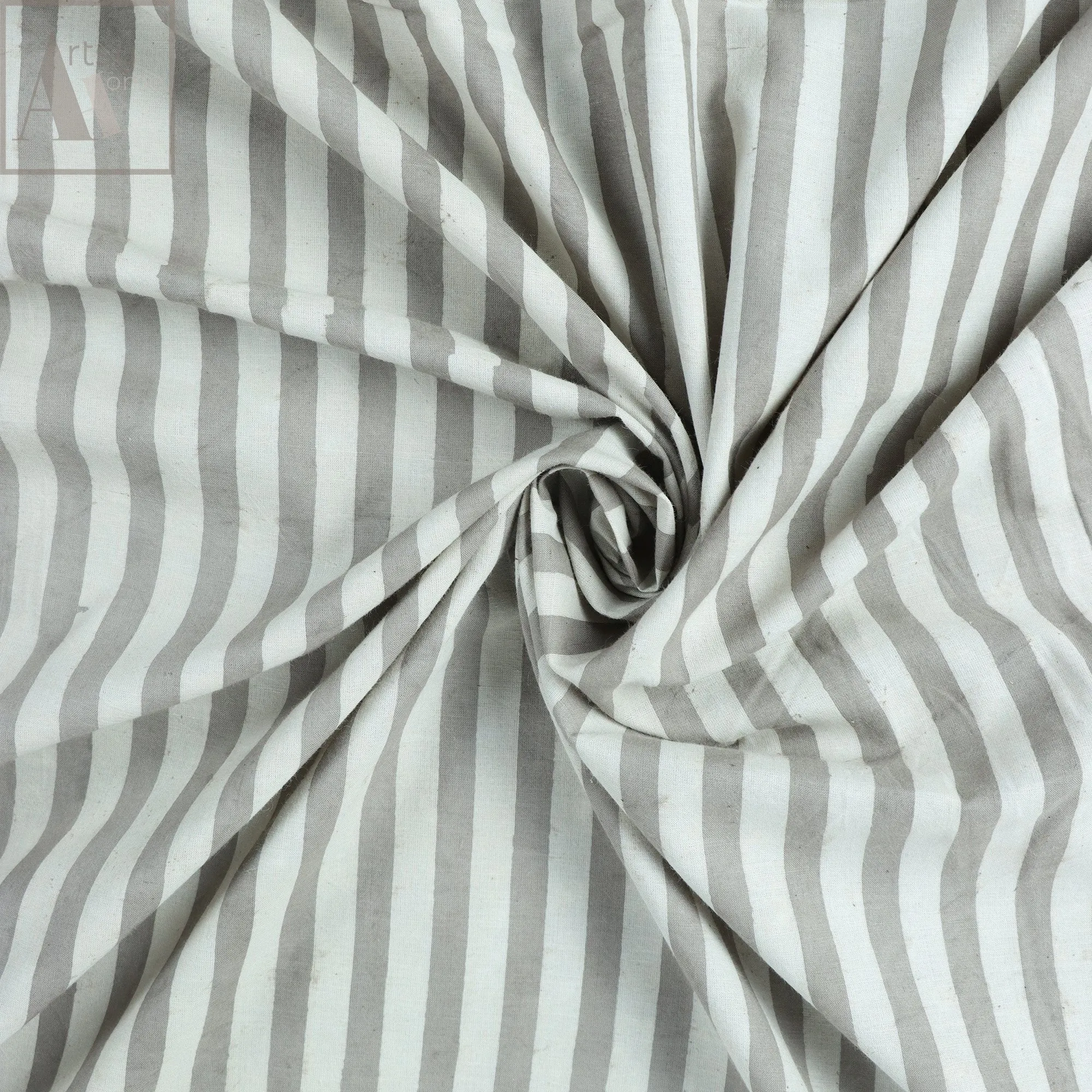 Grey Stripes Hand Block Printed Soft Cotton Fabric