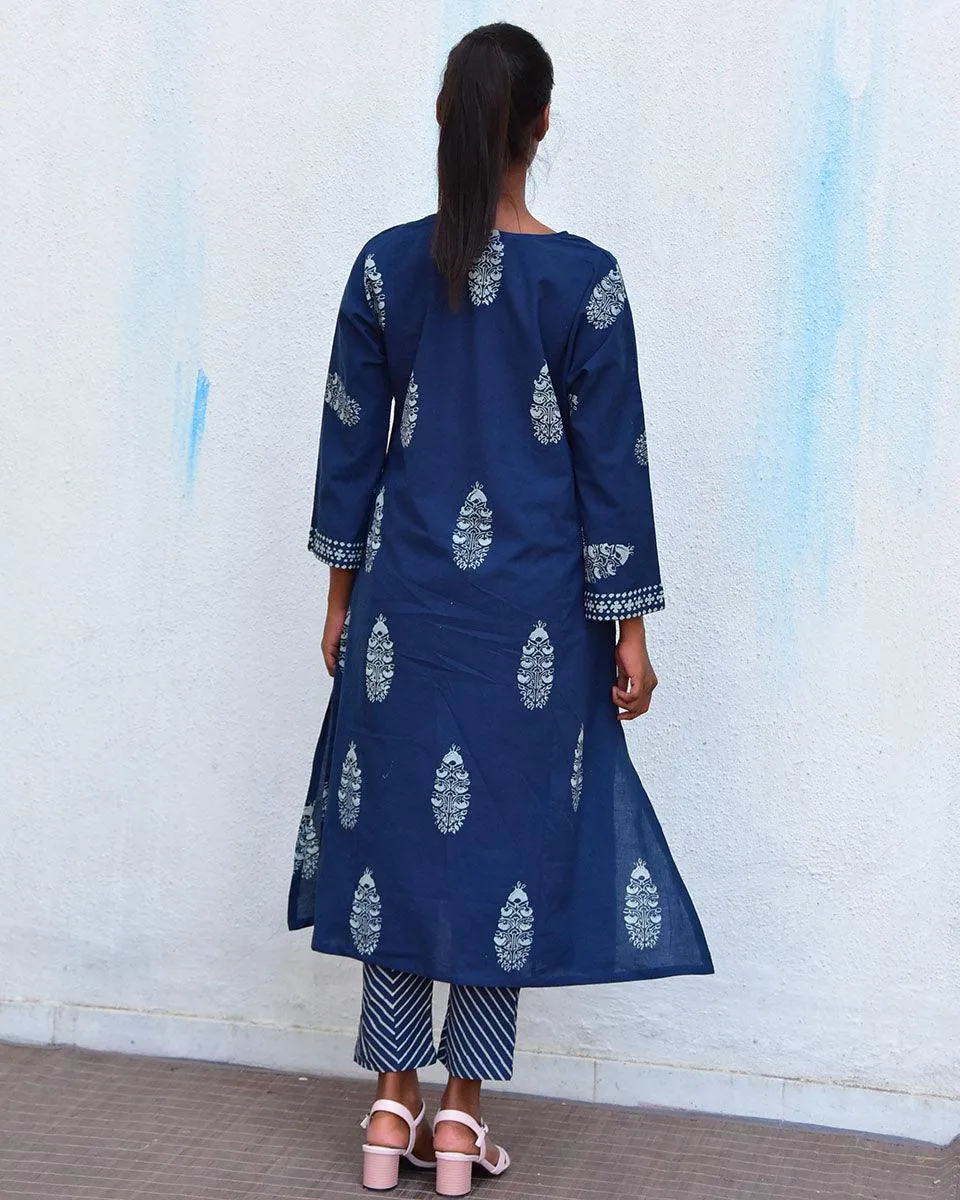 Into The Blue Handblockprinted Cotton Kurta Set - Hmbd