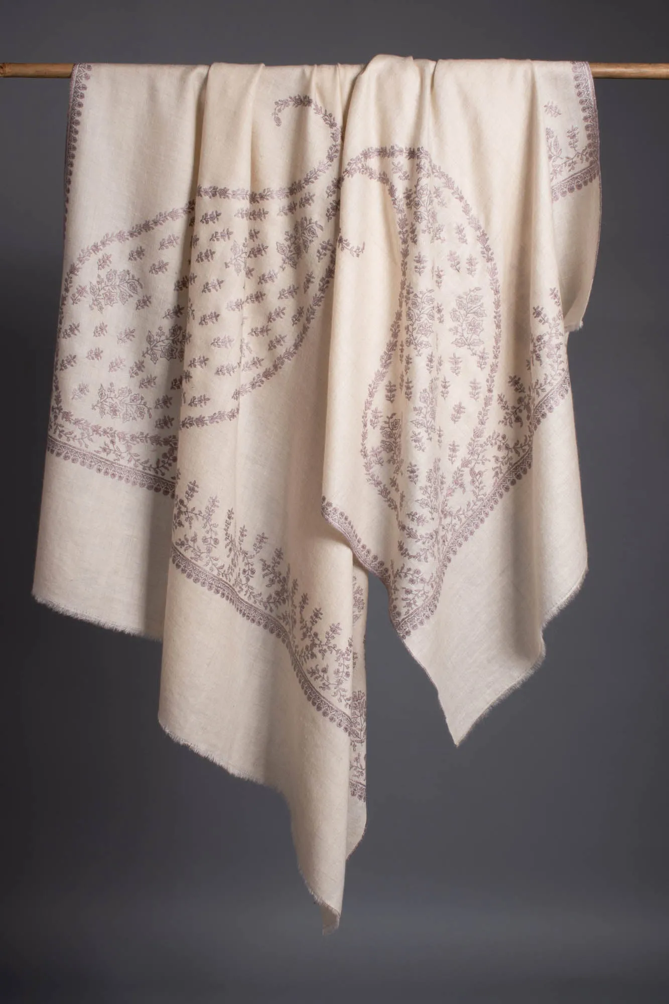 Ivory Wrap With Mughal Paisley Embroidered Pashmina  - IVALO