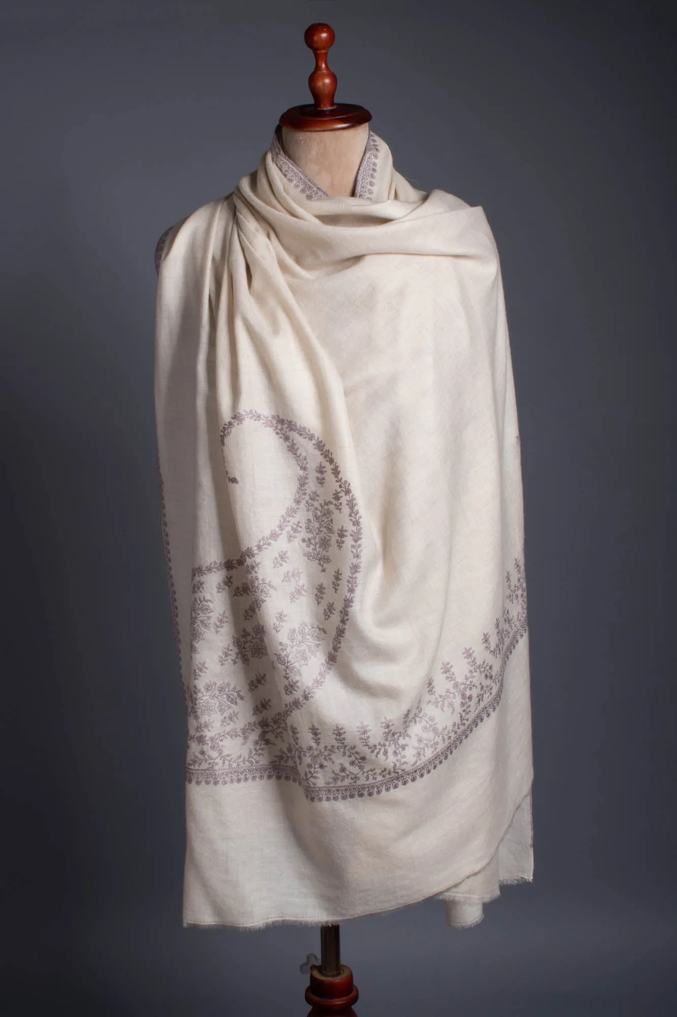 Ivory Wrap With Mughal Paisley Embroidered Pashmina  - IVALO