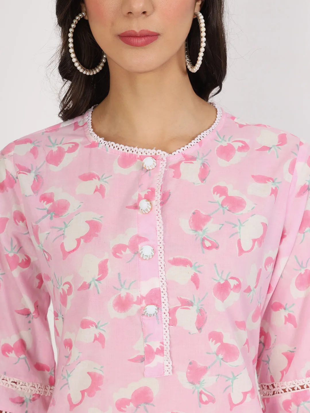 Jashvi Pink Floral Printed Cotton Kurta with Dhoti Co-Ord Set