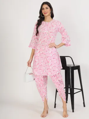 Jashvi Pink Floral Printed Cotton Kurta with Dhoti Co-Ord Set