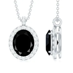 Lab Grown Black Diamond and Diamond Halo Pendant Necklace