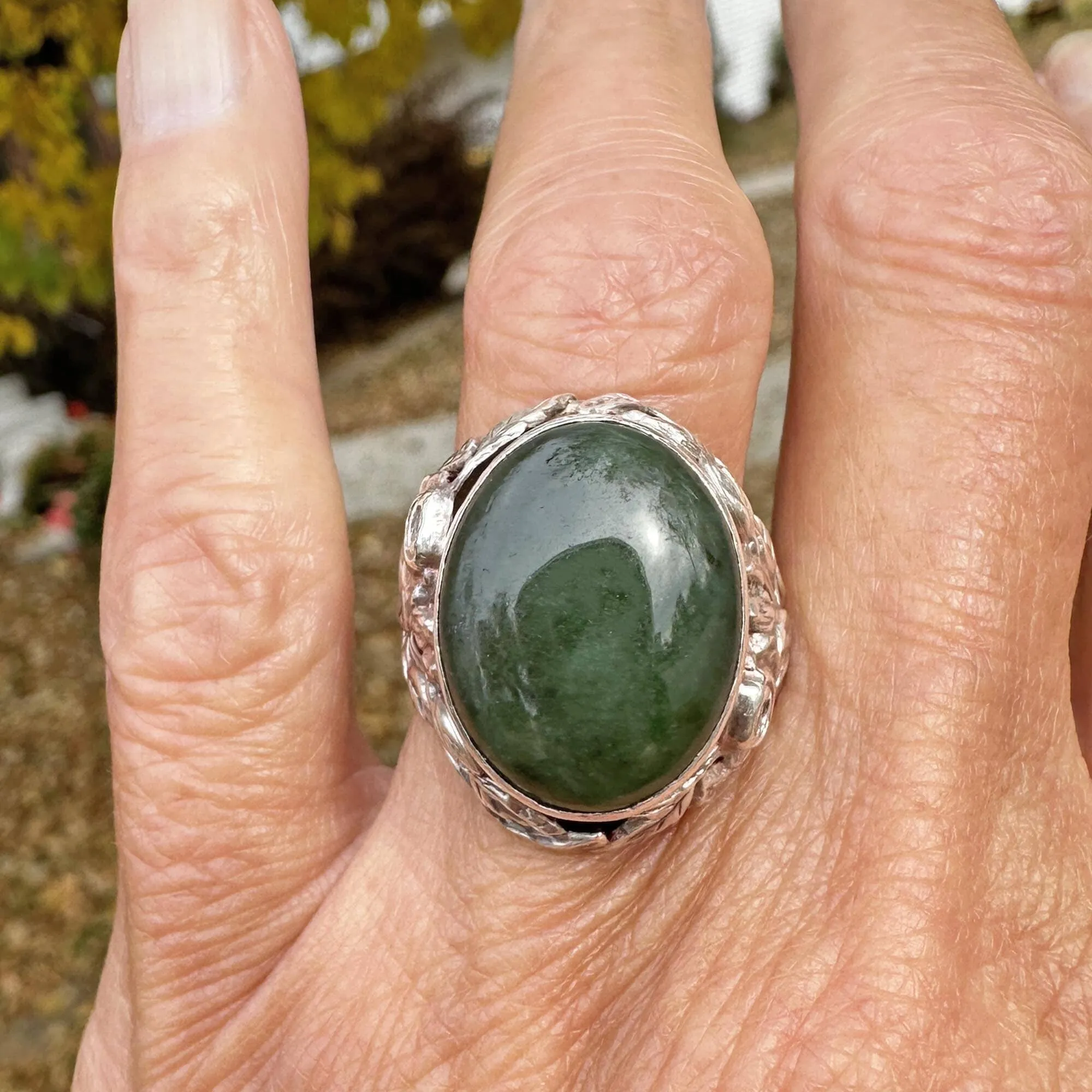 Large Arts and Crafts Silver Green Moss Agate Ring