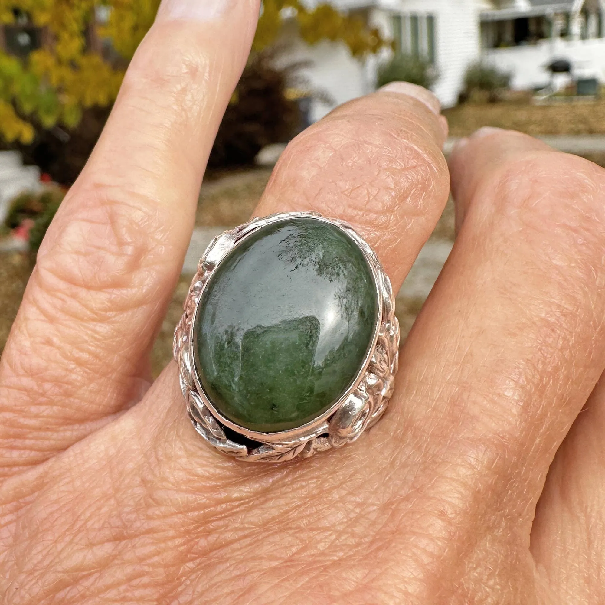 Large Arts and Crafts Silver Green Moss Agate Ring