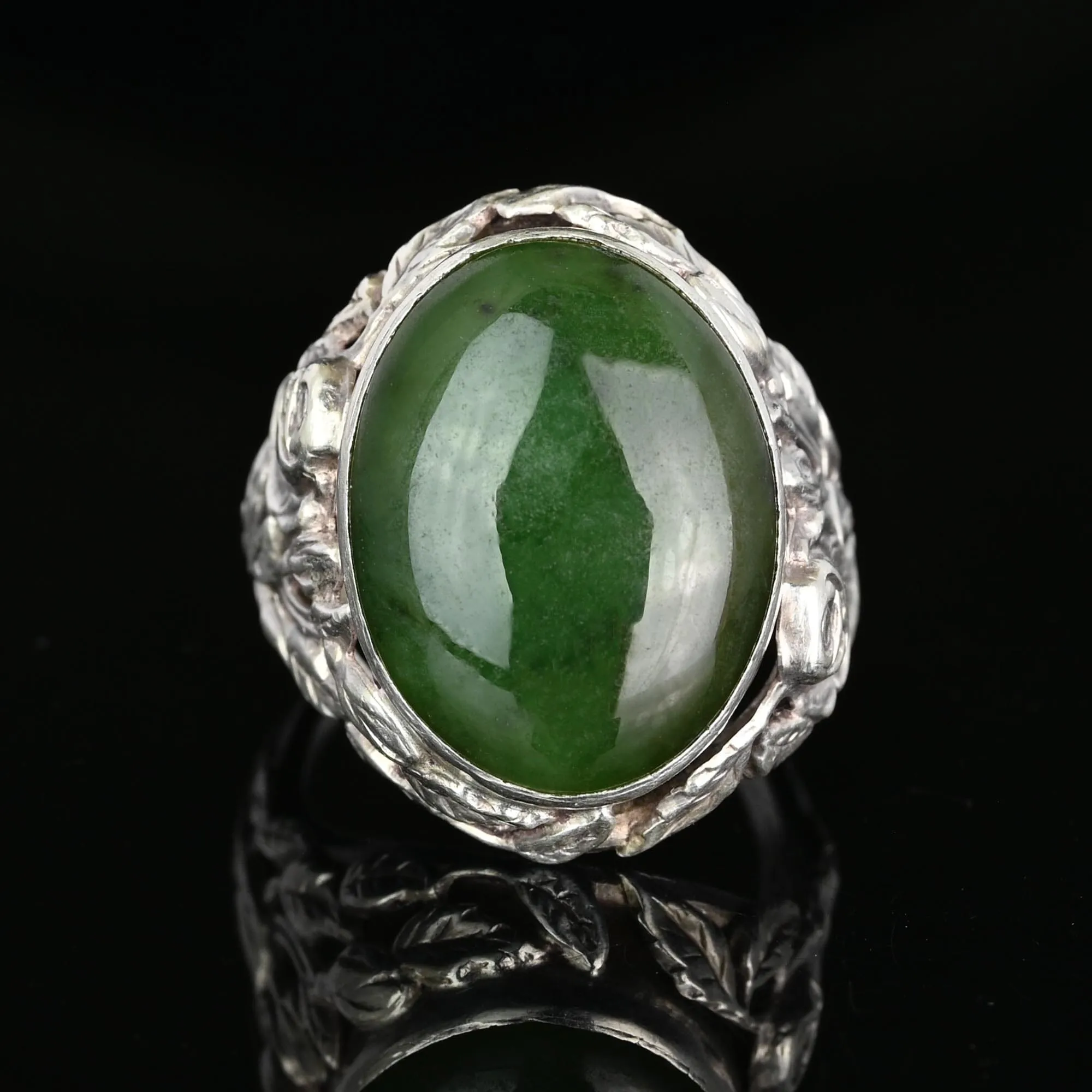 Large Arts and Crafts Silver Green Moss Agate Ring