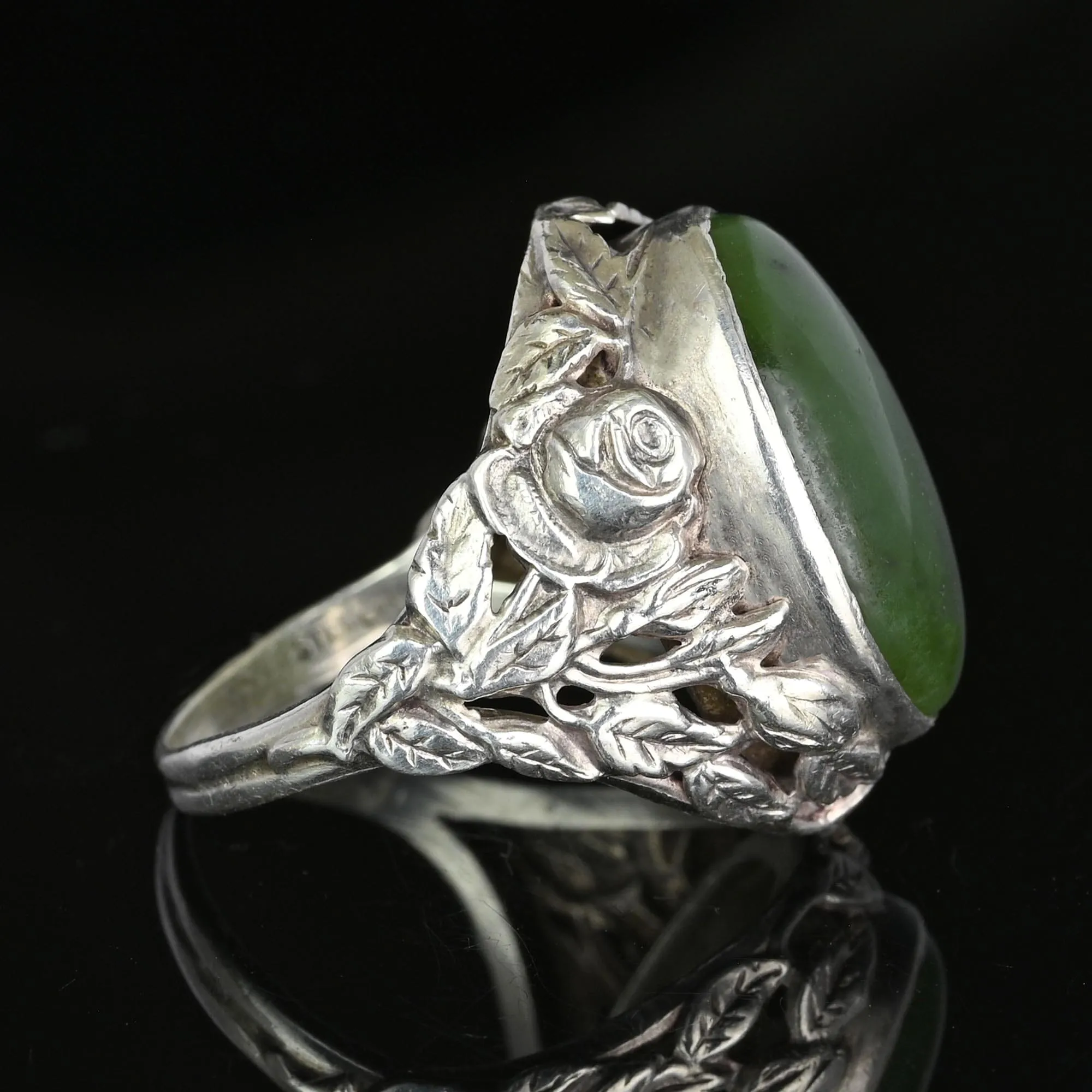 Large Arts and Crafts Silver Green Moss Agate Ring