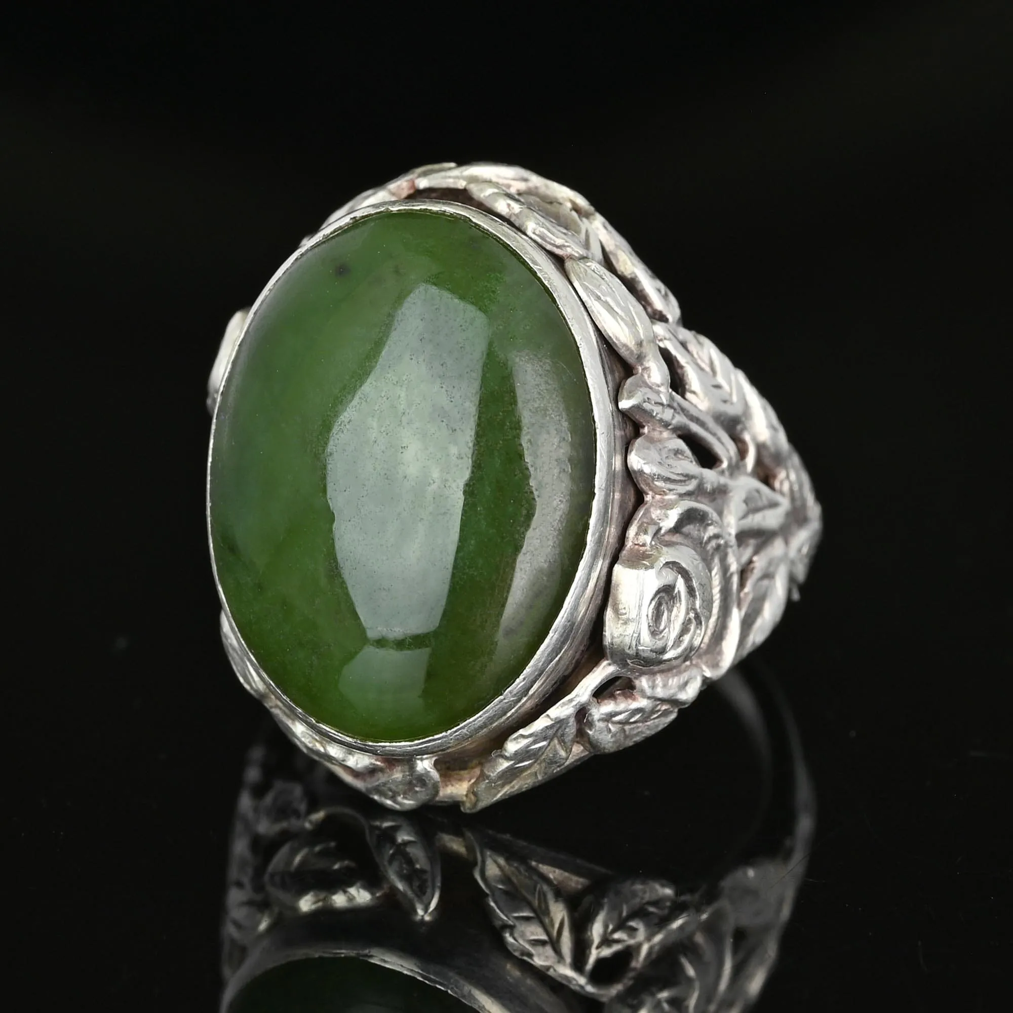 Large Arts and Crafts Silver Green Moss Agate Ring