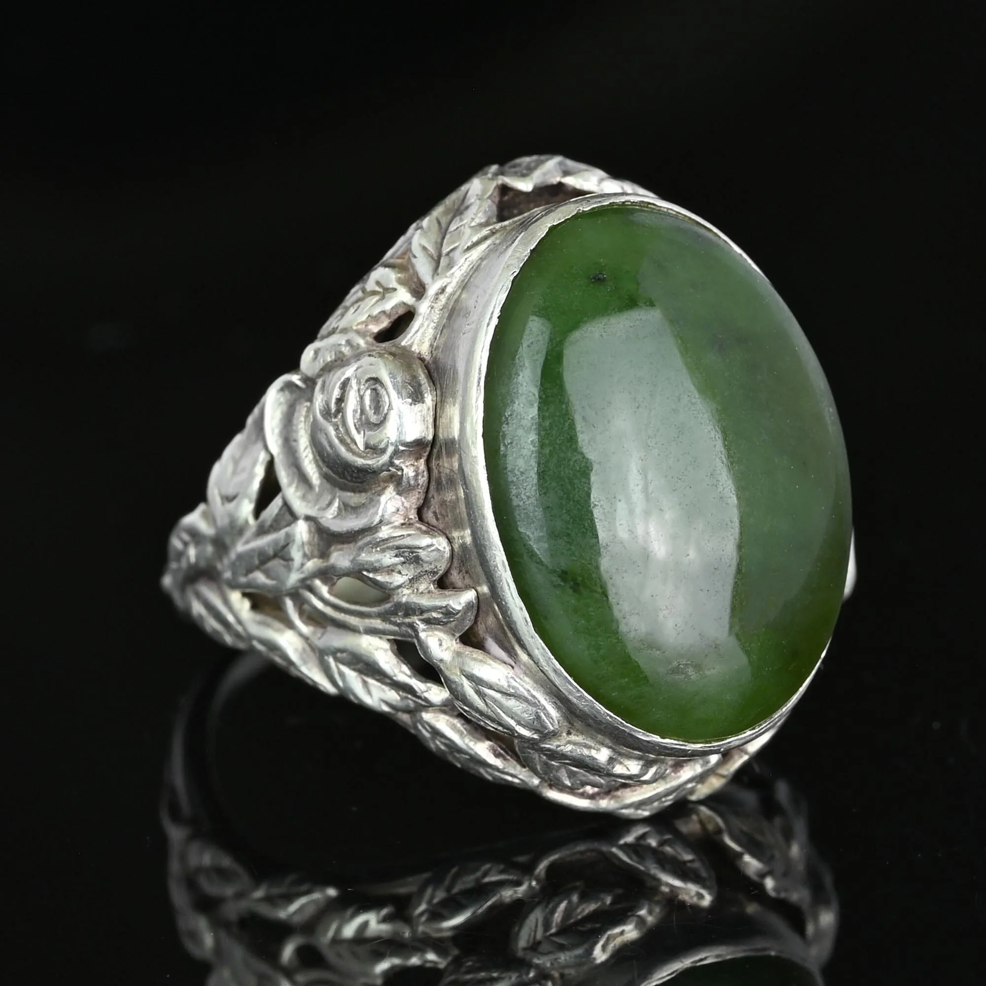 Large Arts and Crafts Silver Green Moss Agate Ring