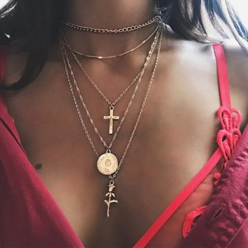 Layered Necklaces for Women with Cross Pendants and Coin Pendants