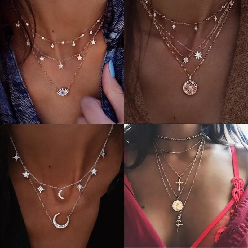 Layered Necklaces for Women with Cross Pendants and Coin Pendants