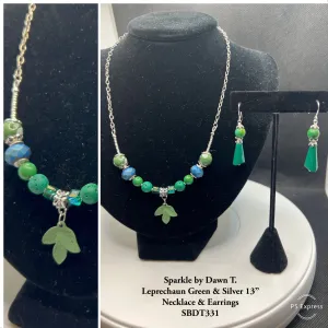 Leprechaun Green Beads and Lava Beads with Silver Accents Necklace with small leaf focal and earrings