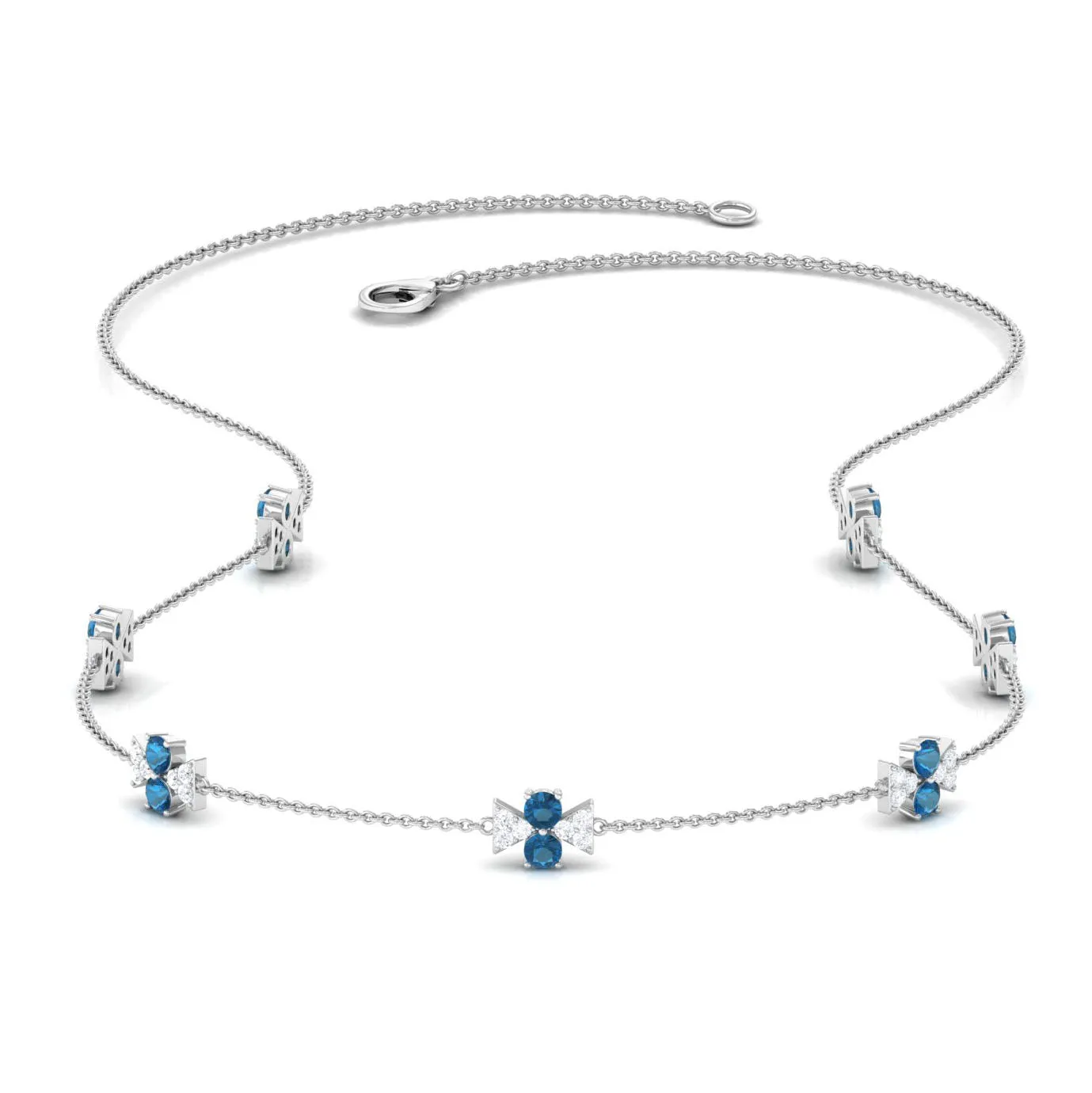 London Blue Topaz Station Chain Necklace with Moissanite