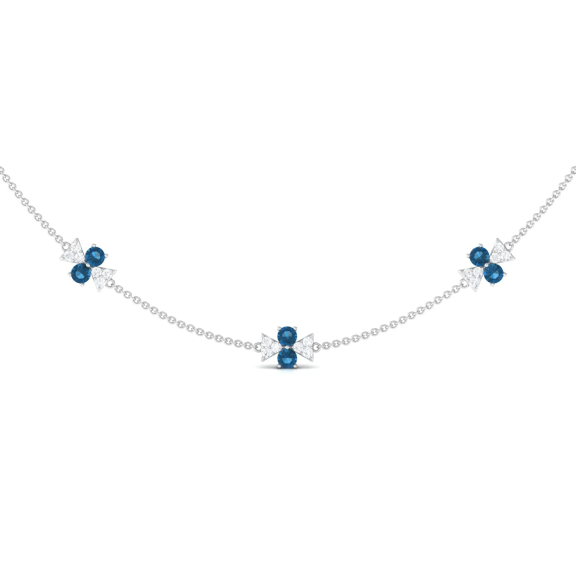 London Blue Topaz Station Chain Necklace with Moissanite