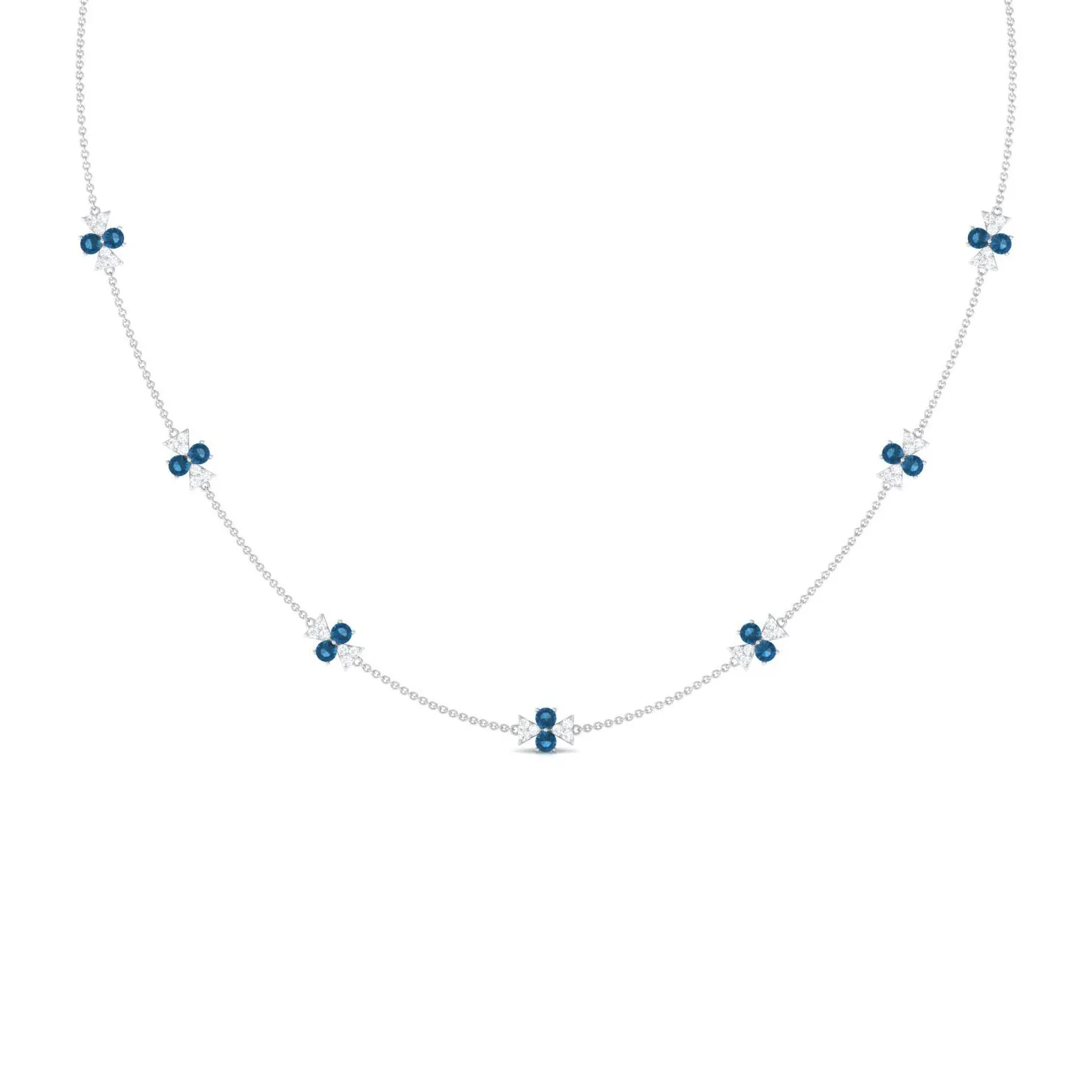 London Blue Topaz Station Chain Necklace with Moissanite