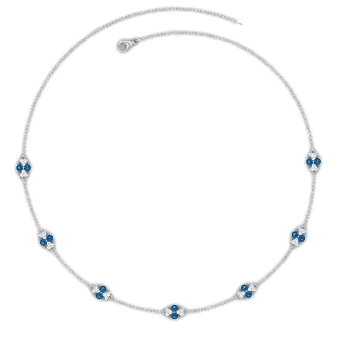 London Blue Topaz Station Chain Necklace with Moissanite