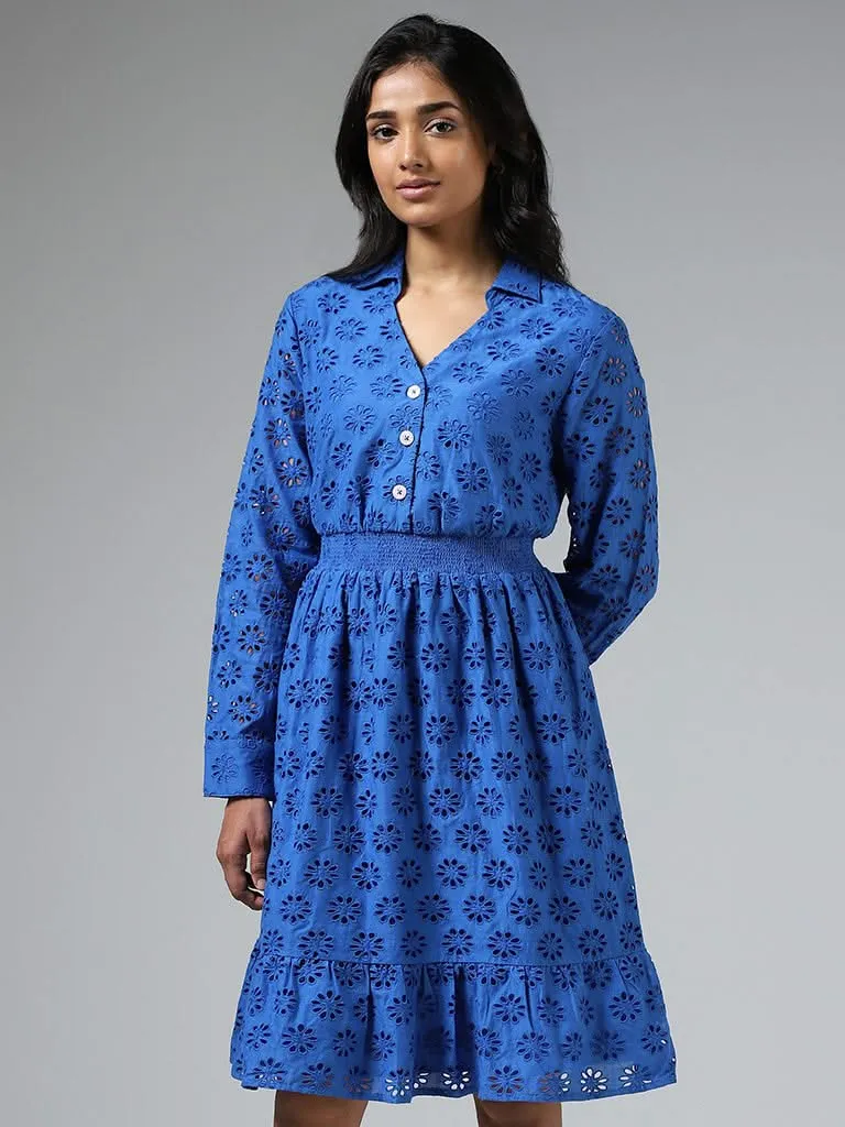 LOV Royal Blue Schiffli Gathered Dress