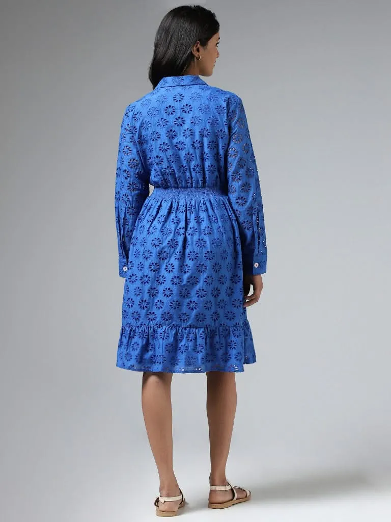 LOV Royal Blue Schiffli Gathered Dress