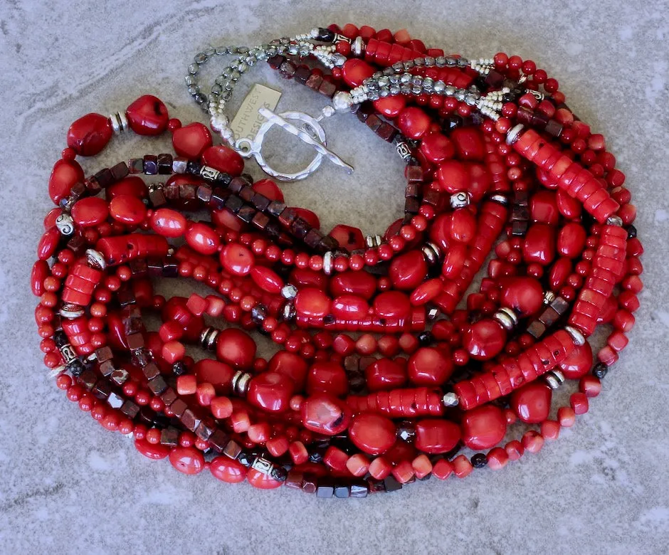 Mixed Bamboo Coral and Poppy Jasper 9-Strand Necklace with Czech Glass and Sterling Silver