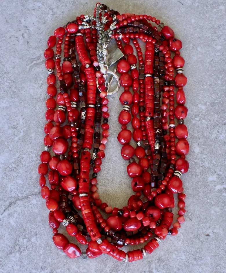 Mixed Bamboo Coral and Poppy Jasper 9-Strand Necklace with Czech Glass and Sterling Silver