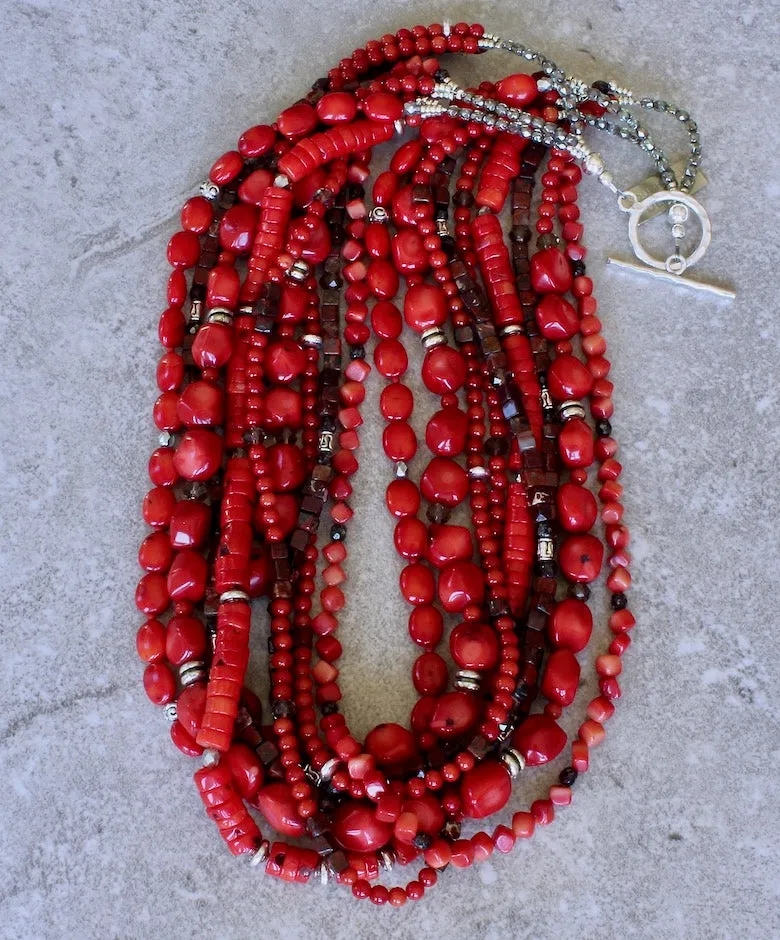 Mixed Bamboo Coral and Poppy Jasper 9-Strand Necklace with Czech Glass and Sterling Silver