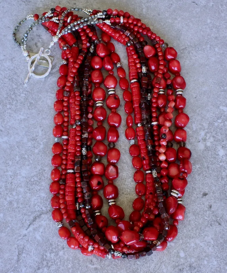 Mixed Bamboo Coral and Poppy Jasper 9-Strand Necklace with Czech Glass and Sterling Silver