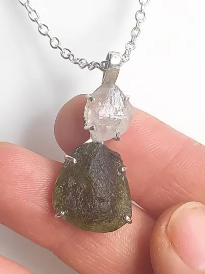 Moldavite and Herkimer Sterling Silver Necklace