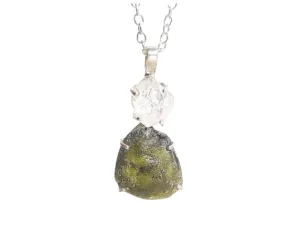 Moldavite and Herkimer Sterling Silver Necklace